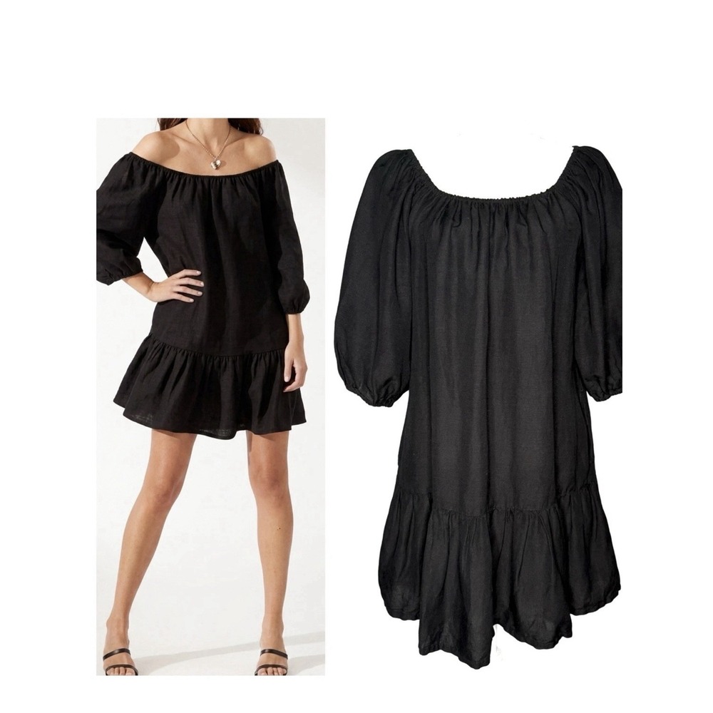 Tommy Bahama St. Lucia Black Off Shoulder Linen Shift Dress SS500216 Small